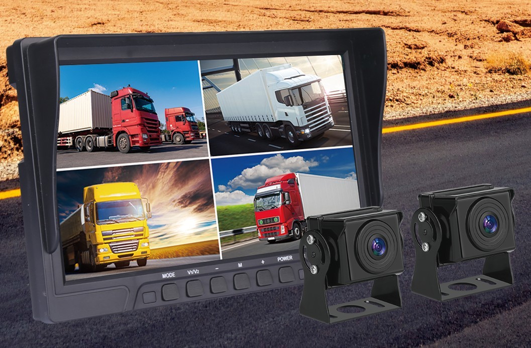 LCD bilmonitor visar 4 kameror